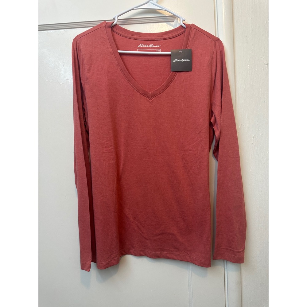 Eddie Bauer Womens Long Sleeve V-Neck T-Shirt Oliverose Pink 1548124 L NWT